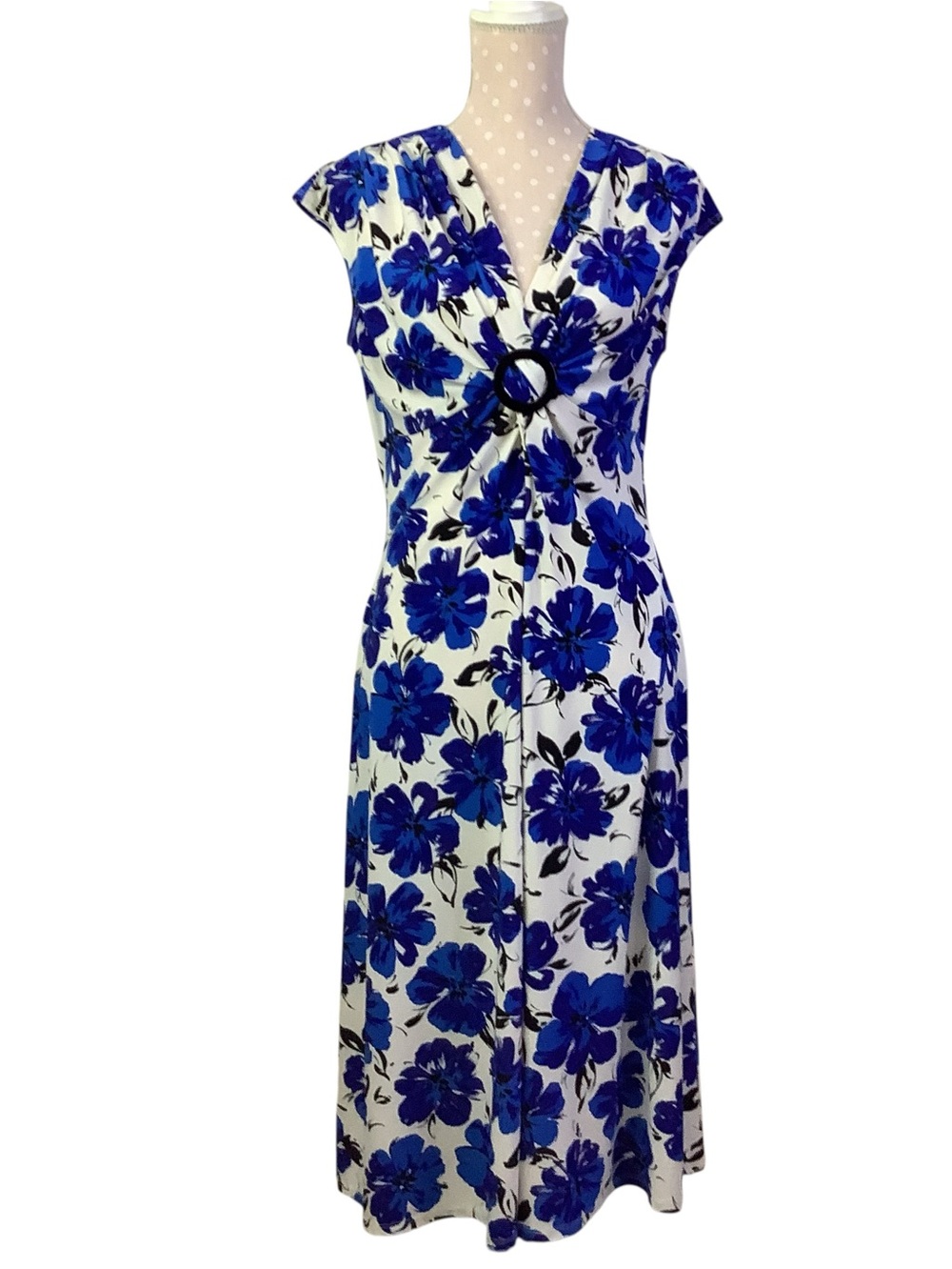 Evan-Picone Blue Floral V-Neck A-Line Dress Size 12